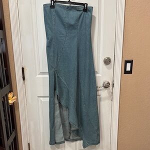 Denim Maxi Dress with Asymmetrical Ruffle